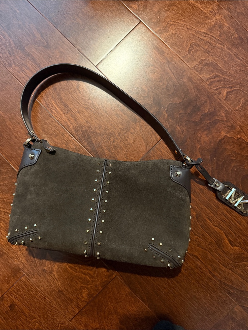 MICHAEL KORD Suede Studded Shoulder Bag in Dark Brown